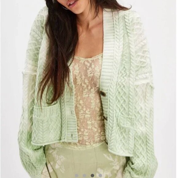 ✨ SALE EUC Free People Washed Ashore Cardi Knit Oversized Candy Mint Green - Picture 1 of 7